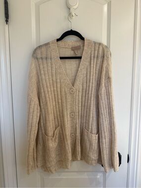 H&M Neutral Ribbed Button-Up Cardigan in Beige
